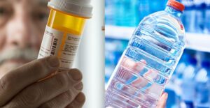 man holding pill bottle and bottle of water