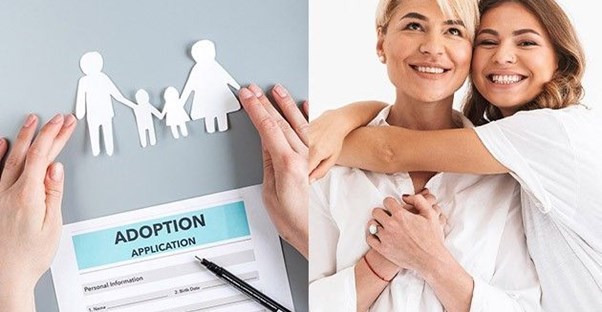 Adoption form and woman hugging mother