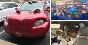 a collage of a car that looks like a hippo a car with a bad rugrats paint job and a car that is full of mostly fast food trash