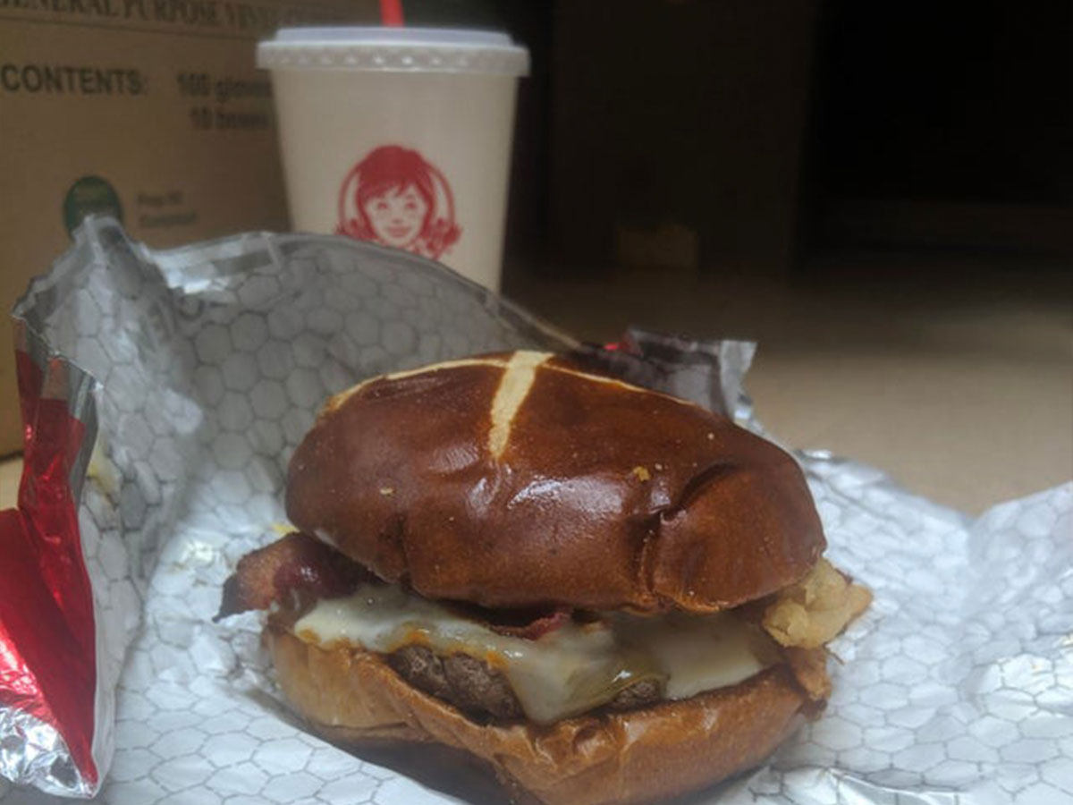 Wendy's Pretzel Bacon Pub Triple Cheeseburger