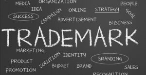 the word trademark written on a chalkboard surrounded by various other related words