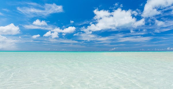 clear ocean water and blue sunny skies meet at the horizon in the distance