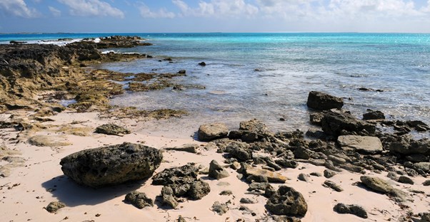 the ocean washing up on a rocky beach