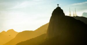 looking up at Christ the Redeemer on the mountains above Rio de Janiero