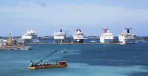 a Caribbean port filled with docked cruise ships