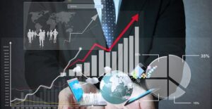 Man holds graphic of business accounting software