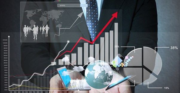 Man holds graphic of business accounting software