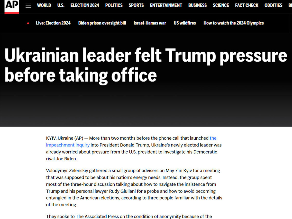 AP News: Ukrainian Leader Felt Trump Pressure Before Taking Office