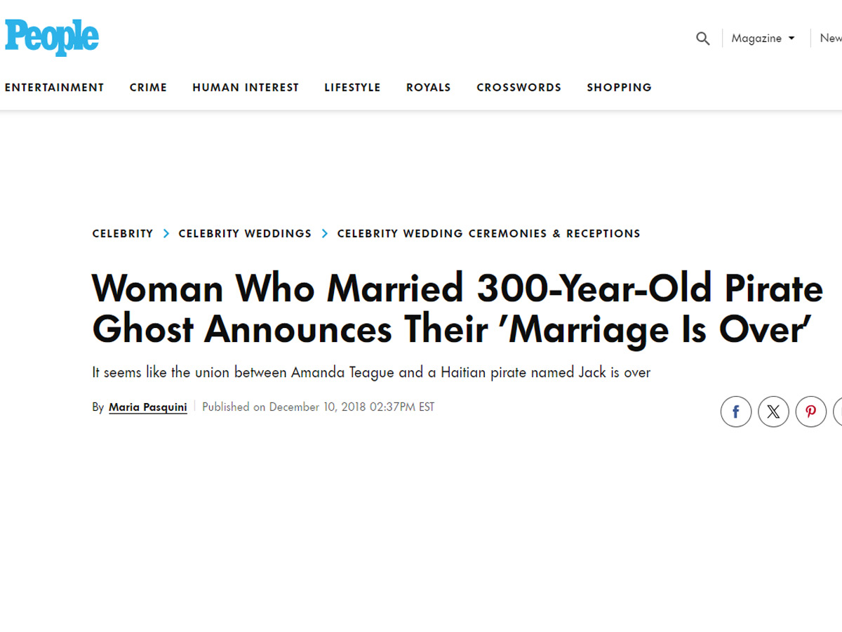 Woman Who Married 300-Year-Old Pirate Ghost Announces Their 'Marriage Is Over'