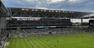 major league soccer teams warming up before a game