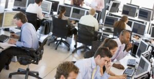 A room of penny stock brokers