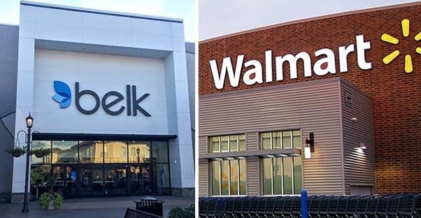 Storefronts of Belk and Walmart