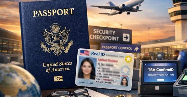 a collection of travel documents including passport and drivers license with an image of an airport in the background