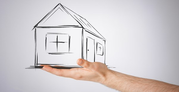 Black and white sketch of a house with a hand under it to represent how real estate asset managers handle property investments.
