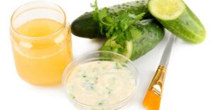 A mixture of honey, cucumber, and mint to be used as a homemade beauty products