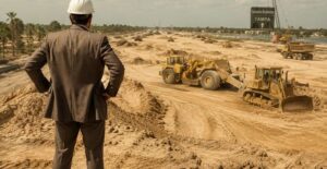 a man stands at a construction site in a suit overseeing things