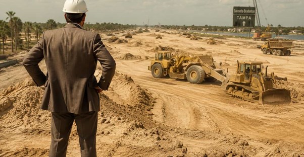 a man stands at a construction site in a suit overseeing things