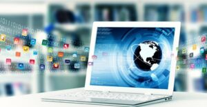 Applications coming out of a laptop screen to represent e-commerce and how to start an e-commerce business.