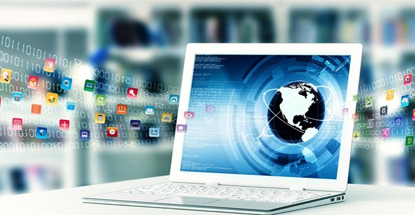 Applications coming out of a laptop screen to represent e-commerce and how to start an e-commerce business.