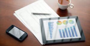 A tablet, iphone, coffee, pen, and papers concerning interest rates sitting on a table after the owner has researched savings accounts and their interest rates.