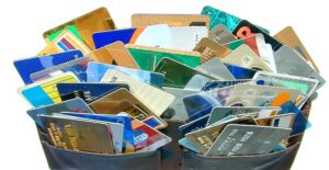 A basket of credit cards from people who decided it was time to consolidate their credit cards.