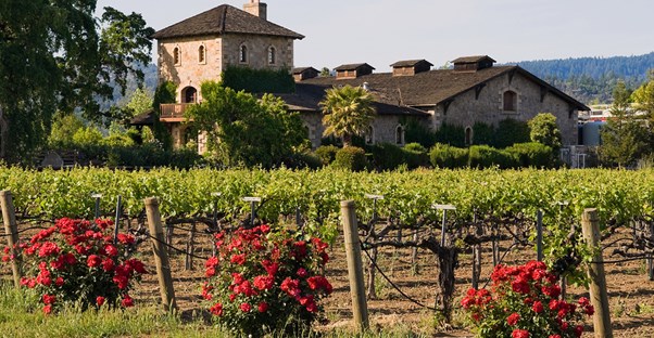 a napa valley winery seen from a nearby hotel