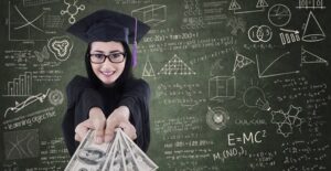 A college graduate demonstrating the money she received each year through the Pell Grant.