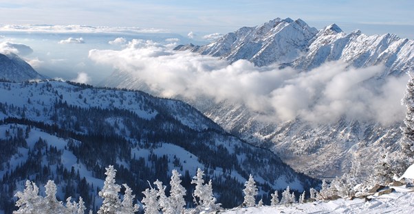 a landscape picture of the snow-capped mountains in Utah