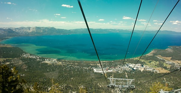 an aerial tram descends from the mountains around Lake Tahoe