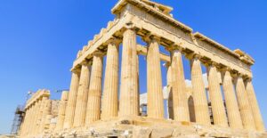a close up of the parthenon and its crumbling facade