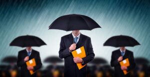 Ominous Men In Black Suits With Umbrellas