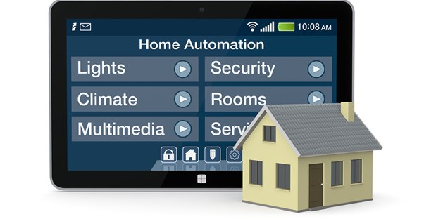 A home automation application pulled up on a tablet next to a toy house.