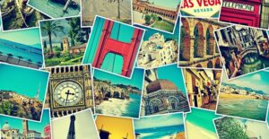 an array of travel pictures shows famous world landmarks