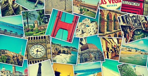 an array of travel pictures shows famous world landmarks