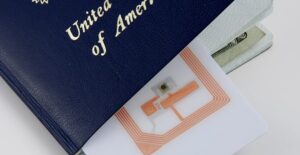 the informational chip inside of a US passport is visible