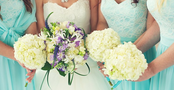 A bride and her bridesmaids at the wedding