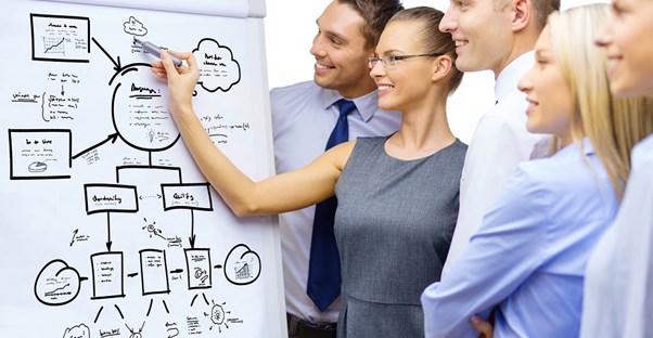 A team goes over a work chart