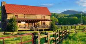 the setting sun hits the front of a large cabin along the appalachian trail