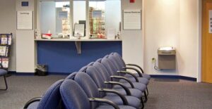 An empty waiting room in a doctor's office.