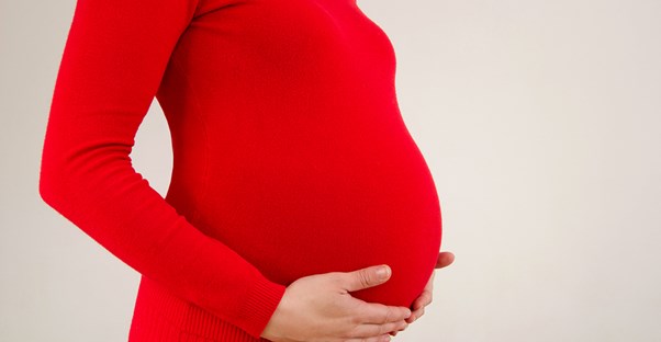 A pregnant woman dressed as a tomatoe