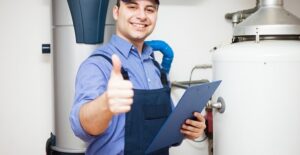 A man celebrates the advantages of a tankless water heater