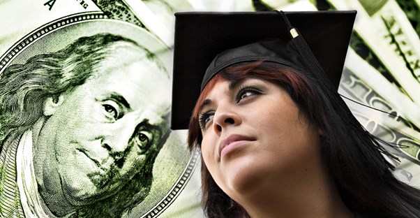 Woman looking up into the sky at Ben Franklin on a dollar bill