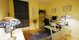 A home office placed in a family room