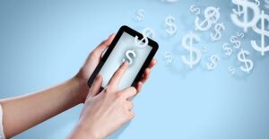 Woman managing money on the go with money management apps