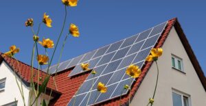 A for-sale home with solar panels.