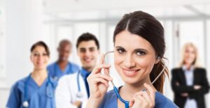 Physician assistant tries out her stethoscope