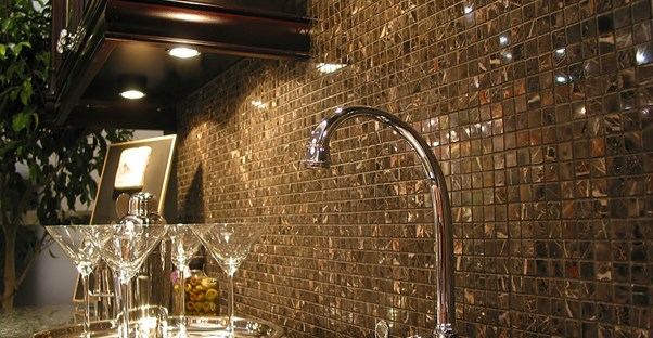 A kitchen with under-cabinet lighting.