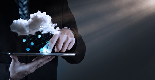 A digital representation of cloud storage being used on a tablet.