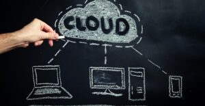 A chalk drawing of cloud storage and electronics that connect to it.