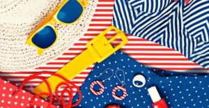 A pile of patterned clothing items.